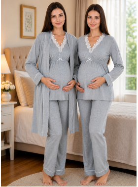 Effortt 3054 Gri Dantel Detaylı Sabahlıklı Lohusa Pijama Takımı
